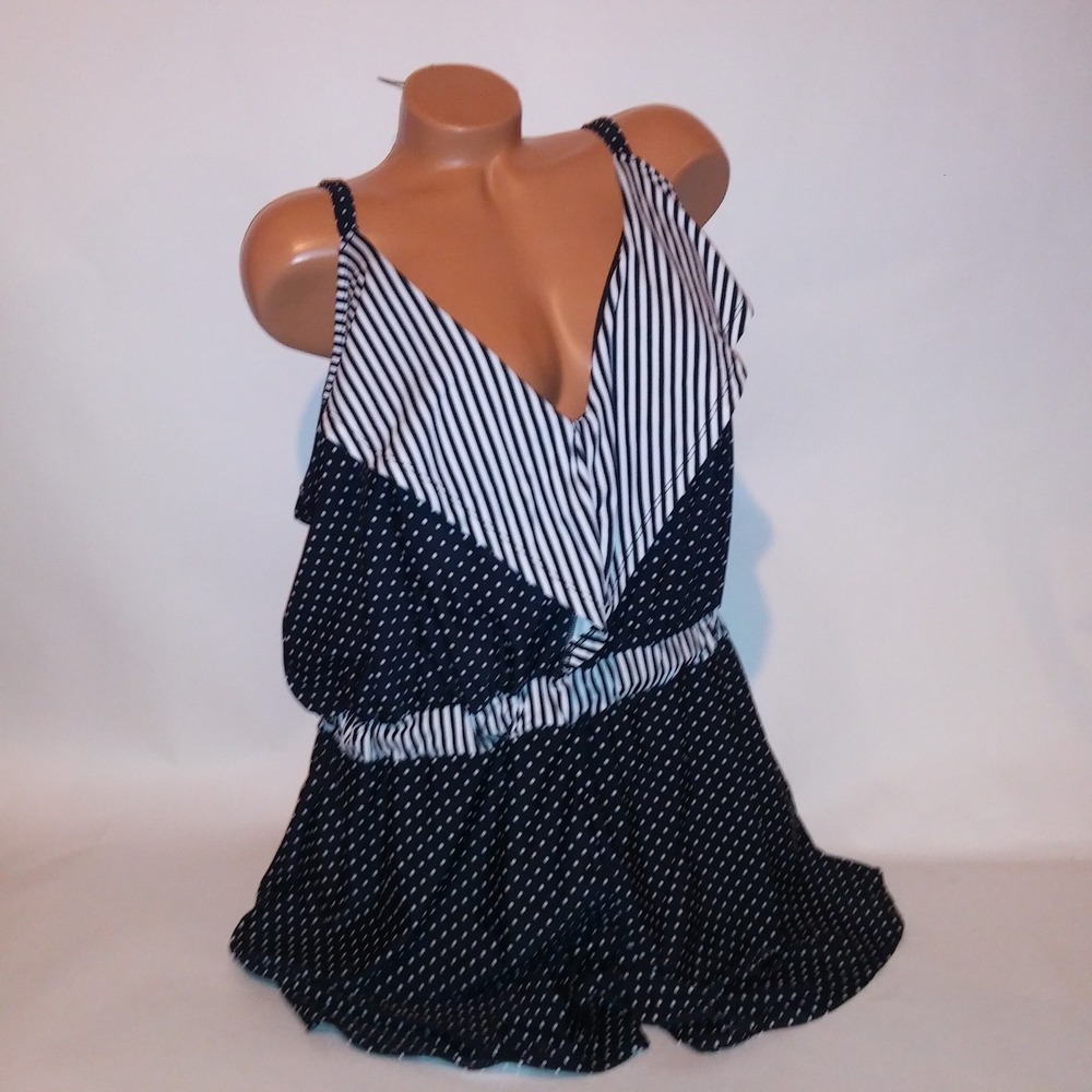 Cacique Swim One Piece Size 26 Black White Romper Style Lightly Lined Polka Dot